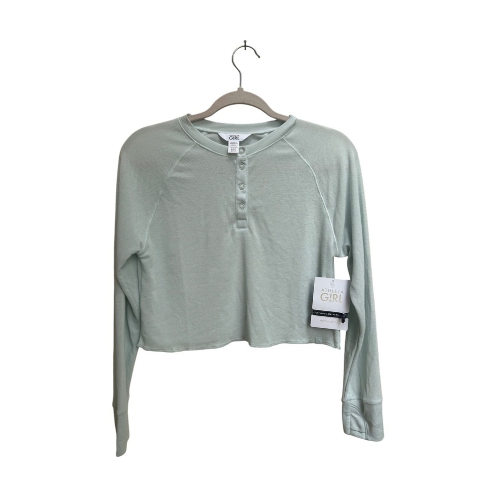 Athleta Girl Wander Waffle Henley Top Mint Green Long Sleeve Cropped Size Large